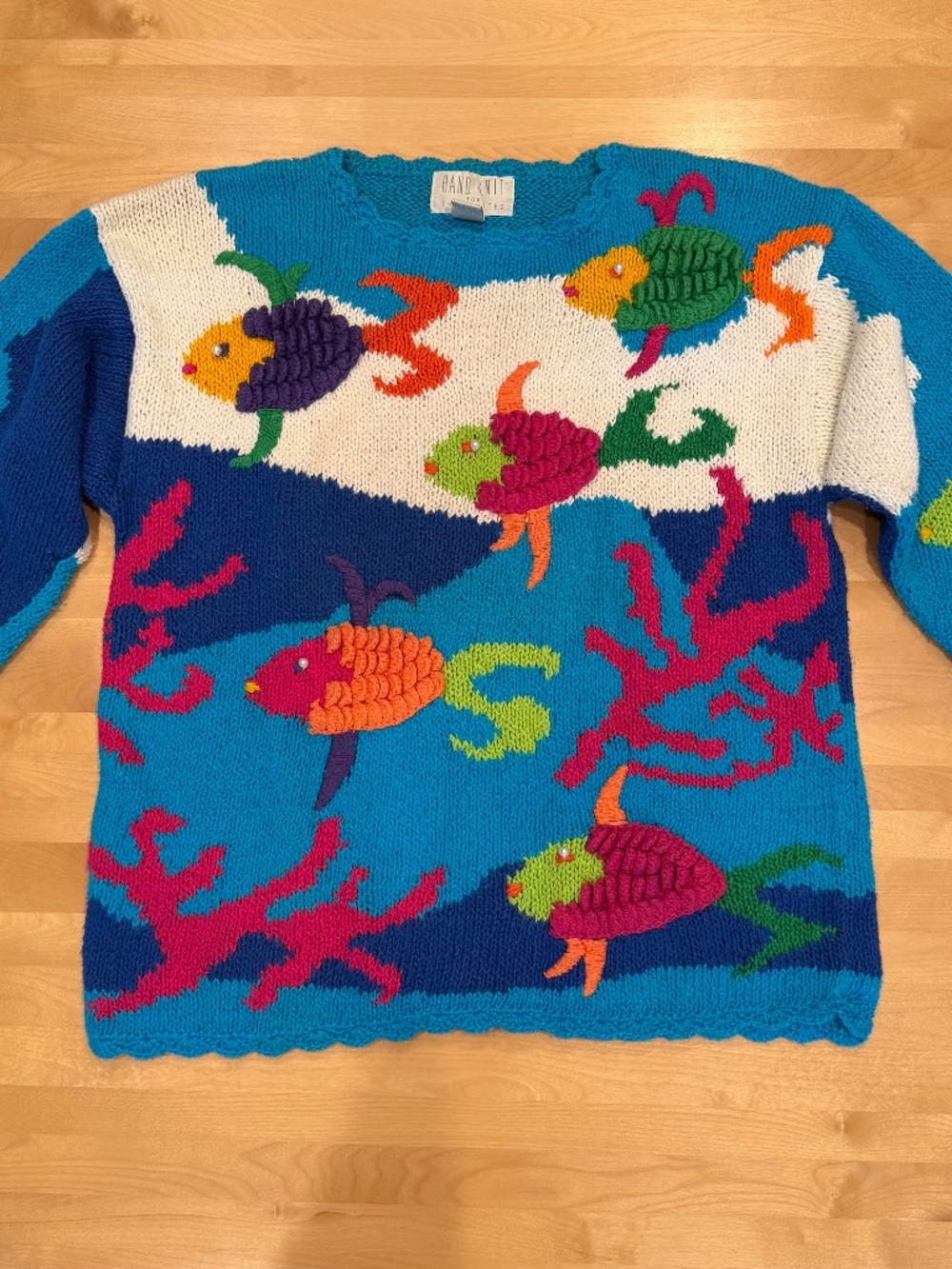 Vintage 80s Handknit for The Limited Sweater Fish Coral Ocean Crewneck